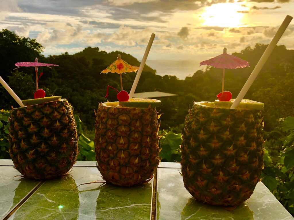 Zum Sonnenuntergang einen Sun Downer, ein Cocktail in einer ausgehölten Ananas-Frucht, die als Glas dient, in CostaRica